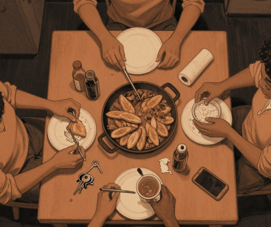 Pencil illustration: bird's-eye view of a kitchen table with hands reaching across plates of food