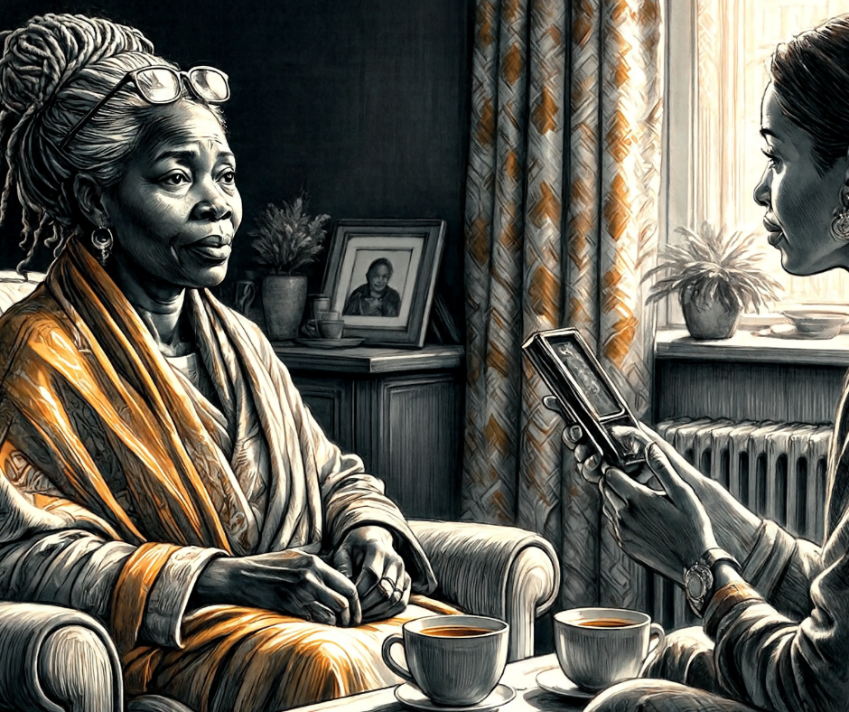 Pencil illustration: an elder speaking in her living room while a younger woman records