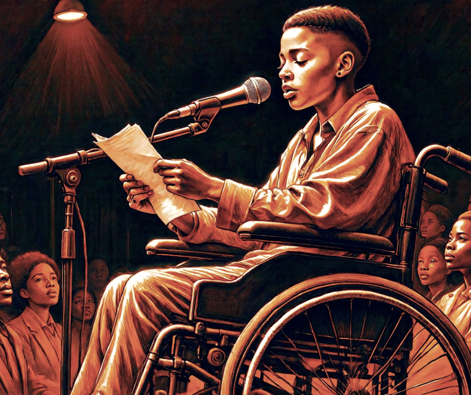 Pencil illustration: a wheelchair user reading poetry at a microphone, audience leaning in