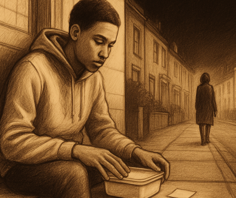 Pencil illustration: a young man sitting on a doorstep with a Tupperware of food beside him