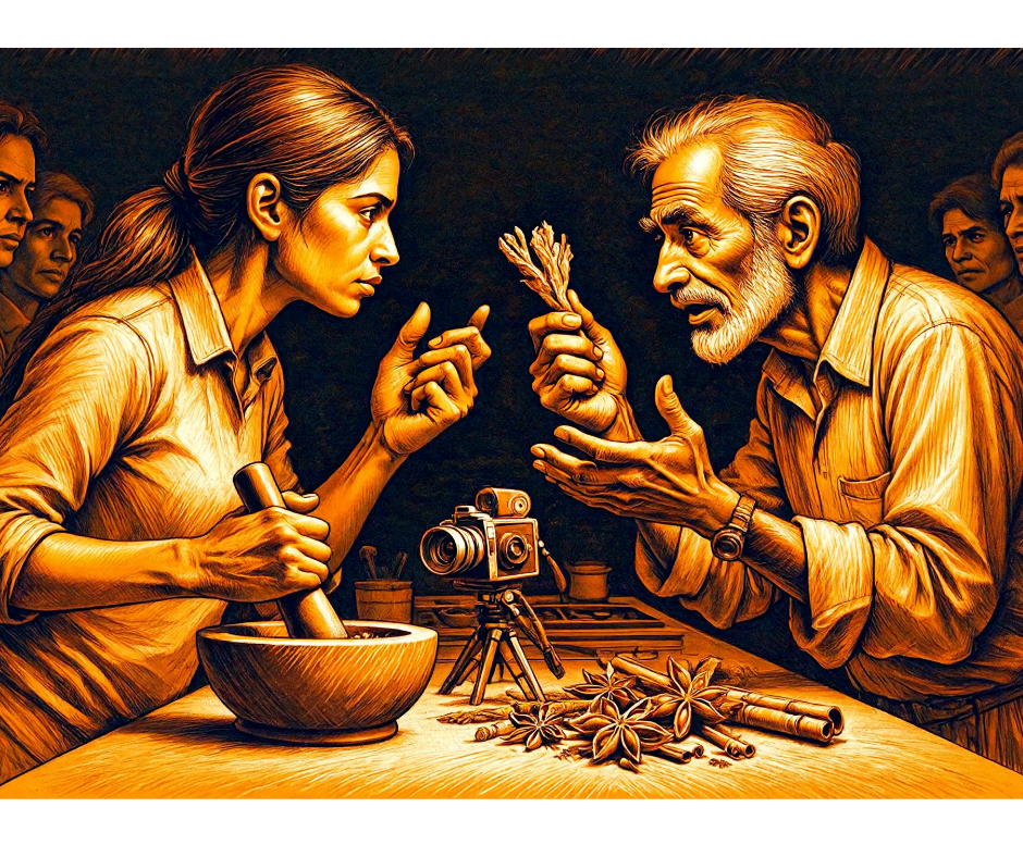 Pencil illustration: two people debating spices across a kitchen counter, a camera between them