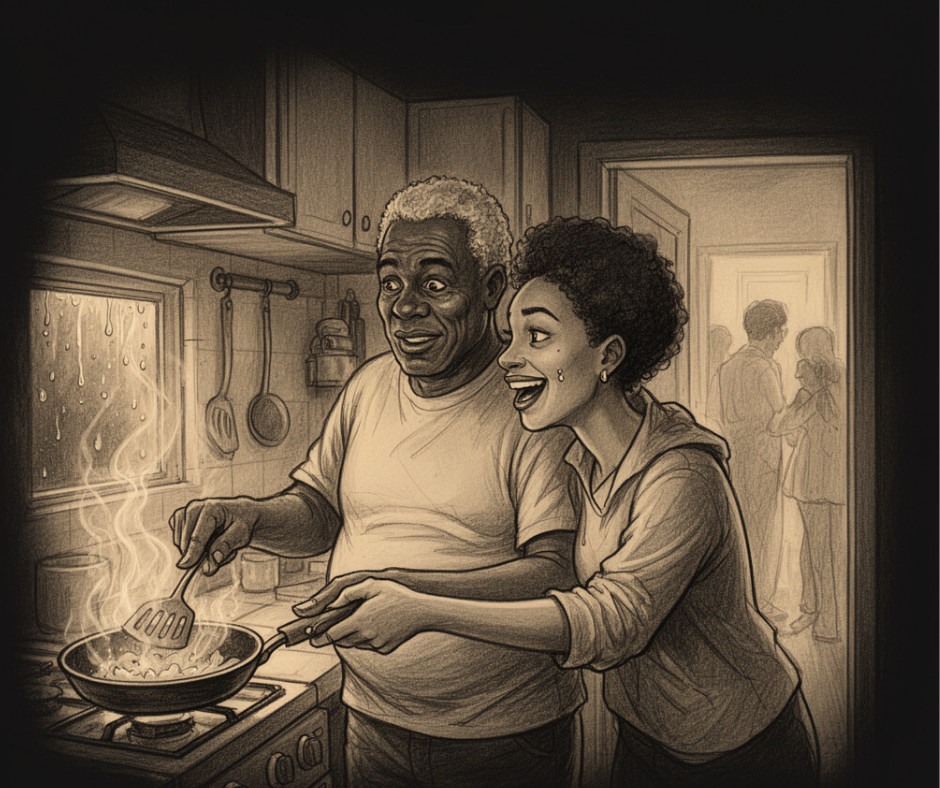 Pencil illustration: two people cooking together in a small kitchen, warmth and laughter